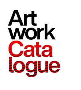 Artwork Catalogue Cover. Bold text design reading “Artwork Catalogue” on a white background. “Artwork” appears in solid black Helvetica, while “Catalogue” is in bright red with horizontal black stripes, creating a striking visual contrast. The graphic is the front cover of a digital or printed exhibition catalogue.