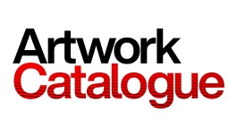 Artwork Catalogue Cover Horizontal. Bold text design reading “Artwork Catalogue” on a white background. “Artwork” appears in solid black Helvetica, while “Catalogue” is in bright red with horizontal black stripes, creating a striking visual contrast. The graphic is the front cover of a digital or printed exhibition catalogue.