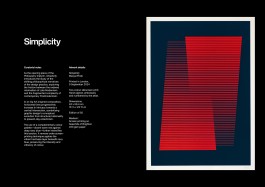 Artwork Catalogue Simplicity. Catalogue page for the artwork Simplicity by Marçal Prats. The left side includes curatorial notes and technical details describing the two-colour screen print, part of the Philosophy triptych. The right side displays the artwork: red horizontal lines forming an abstract shape on a deep navy blue background. The piece explores tensions between Modernist minimalism and Postmodern complexity using Op Art aesthetics.