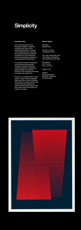Artwork Catalogue Simplicity. Catalogue page for the artwork Simplicity by Marçal Prats. The left side includes curatorial notes and technical details describing the two-colour screen print, part of the Philosophy triptych. The right side displays the artwork: red horizontal lines forming an abstract shape on a deep navy blue background. The piece explores tensions between Modernist minimalism and Postmodern complexity using Op Art aesthetics.