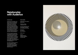 Artwork Catalogue Relationship with Audience. Catalogue entry for Relationship with Audience, a two-colour silkscreen print by Marçal Prats. On the right, the artwork features a radiating, concentric circular pattern in black and gold, visually referencing Op Art and echo chambers.