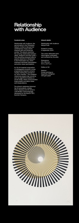 Artwork Catalogue Relationship with Audience. Catalogue entry for Relationship with Audience, a two-colour silkscreen print by Marçal Prats. On the right, the artwork features a radiating, concentric circular pattern in black and gold, visually referencing Op Art and echo chambers.
