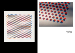 Artwork Catalogue Production Methods II. Catalogue spread for Production Methods II by Marçal Prats. On the left, a full view of the artwork displays a vibrant square grid of risograph-printed dots in orange and blue, warped into undulating wave patterns. On the right, a detailed close-up reveals the layering of the two ink colours, showing subtle misalignments and overlaps. The print sits on soft-textured paper, with ink build-up visible in some areas, giving it a tactile quality. Bottom right text simply notes: “Production Methods II, 2-colour risograph.”