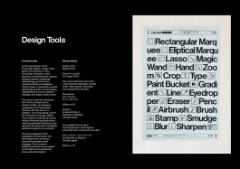 Artwork Catalogue Design Tools. Catalogue spread for Design Tools by Marçal Prats. On the right, the artwork mimics a Letraset transfer sheet, featuring black typography and interface icons from classic graphic design software on a light blue background. Tool names like “Crop”, “Type”, “Brush”, and “Sharpen” are set in Helvetica, accompanied by pixelated icons. The print includes graphic layout markers and reference details, reinforcing the look of a commercial transfer product.