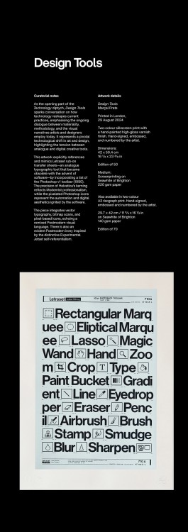 Artwork Catalogue Design Tools. Catalogue spread for Design Tools by Marçal Prats. On the right, the artwork mimics a Letraset transfer sheet, featuring black typography and interface icons from classic graphic design software on a light blue background. Tool names like “Crop”, “Type”, “Brush”, and “Sharpen” are set in Helvetica, accompanied by pixelated icons. The print includes graphic layout markers and reference details, reinforcing the look of a commercial transfer product.