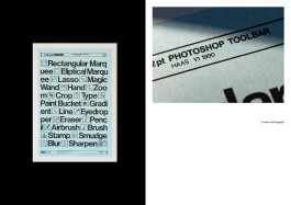 Artwork Catalogue Design Tools Riso A3. Spread showing the A3 risograph version of Design Tools by Marçal Prats. On the left, the full artwork is reproduced using only two colours—black and light blue—on textured paper. The layout mimics a Letraset-style sheet, with dense typography and iconography referencing vintage Photoshop toolbars. The risograph print displays subtle ink texture and registration irregularities, characteristic of the medium. On the right, a close-up reveals the pixelated grain of the risograph process, highlighting the title “PHOTOSHOP TOOLBAR” and the faux-catalogue text “HAAS V1 1990.” The blue background exhibits faint layering and warm undertones, enhancing the print’s analogue charm.