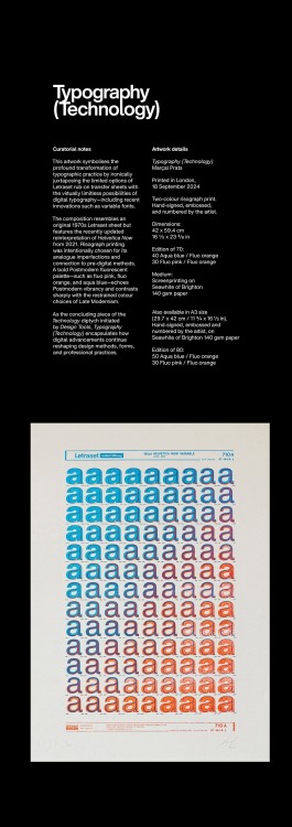 Artwork Catalogue Typography (Technology). Typography (Technology) by Marçal Prats, presented on a black background with accompanying curatorial notes and technical details. The print mimics the layout of a vintage Letraset transfer sheet, showcasing multiple rows of the lowercase letter “a” in Helvetica Now Variable. The letters shift in size and weight, arranged in a gradient from left to right and top to bottom, using two vibrant risograph inks: aqua blue and fluorescent orange. The alignment and spacing intentionally reflect the irregularities of analogue typesetting. The layering of colours in the centre transitions into a bold violet hue, emphasising the tactile nature of risograph printing. A fine red underline at the bottom simulates Letraset’s reference markings, enhancing the piece’s retro-digital aesthetic.