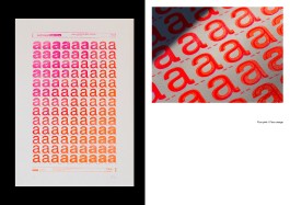 Artwork Catalogue Fluo Orange. Diptych layout showing Typography (Technology) in the fluo pink/fluo orange colourway. On the left, the full risograph print features a grid of lowercase “a” glyphs, gradually transitioning from pink at the top to orange at the bottom. On the right, a macro photograph captures the ink’s fluorescent vibrancy and registration details, highlighting the layered grainy texture typical of risograph printing. The dotted crop marks and slight misalignment between colours are visible, emphasising the analogue, tactile nature of the medium.