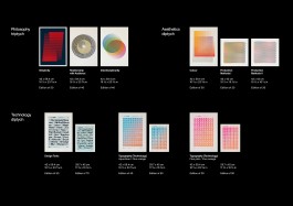 Artwork Catalogue Thumbnails. Grid of sixteen thumbnail images showing risograph and silkscreen prints from Marçal Prats’ artowrk series. Each artwork is displayed in a white frame on a neutral wall, capturing the diversity of visual approaches—ranging from geometric Op Art compositions and halftone experiments to typographic studies and digital tool references. The grid format offers a comprehensive visual overview of the project’s thematic range across Philosophy, Aesthetics, and Technology. 