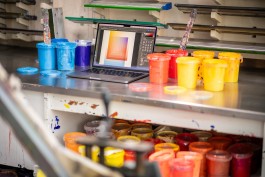 Colours process. Behind-the-scenes image showing the production setup for
