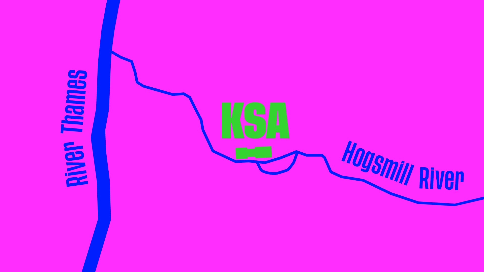 Kingston School of Art (KSA) and Stanley Picker Gallery (SPG) Map with the course of the Hogsmill River and River Thames. Vibrant GIF animation
