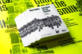 SPG Curated Dinner Boklets. Close-up of a pile of folded black-and-white booklets titled River Rights: Guardians for the Hogsmill, arranged over a vibrant neon yellow event poster. The booklets feature a woven river graphic and bold typography, promoting a curated dinner and exhibition at Stanley Picker Gallery addressing river rights and environmental justice.