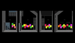 CCD SPG Exhibit Layout Design - Alt text for WordPress website: Four elevation views (North, East, South, West) of a dark exhibition space layout showing neon-colored grid-mounted posters (in pink, yellow, green, and orange) at accessible heights. Silhouettes of standing and wheelchair users indicate inclusive design. Grids are labeled with paper sizes (A3, A4), and lighting details are visible.