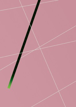 Abstract Geometrical Artwork. White thin lines cross the pink background in different angles. There is a thicker line in black that has an accent in mint green.