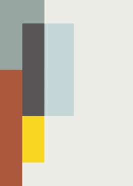 Abstract Geometrical Artwork composed of 5 rectangles together in the left side of different colours brown, yellow, pale blue and green over a light grey background.