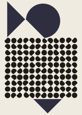 Mid-century geometric artwork inspired by Victor Vasarely. Black dots disposed into a geometrical square grid, creating optical illusion angles.