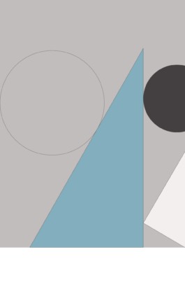 Mid-century geometric artwork. Half of a two-piece artwork. White circles and a triangle in blue over light grey background.