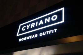 Nocturnal photo of the illuminated Cyriano Dogwear Outfit shop signage that consists of the white logo over black background. Branding & Identity.