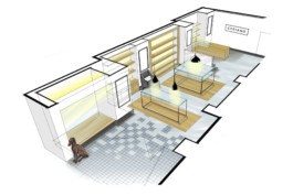 Hand drawn sketch of the Cyriano Dogwear Outfit flagship store interior design project proposal. Branding & Identity.