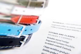 Extreme closeup of the Cyriano Dogwear Outfit Look Book. There are some dog collars with text descriptions. Branding & Identity.