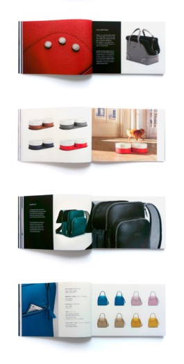 Four different interior pages spread of the Cyriano Dogwear Outfit Look Book. There are listed bags in several colours (red, brown, pink, beige), and porcellain and leather bowl with text descriptions. Branding & Identity.