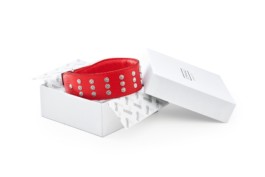 Cyriano Dogwear Outfit Collar Packaging. Red dog collar with metallic decorative round spikes on a white square packaging box over white background. Branding & Identity