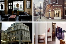 Cyriano Dogwear Outfit mood board displaying four photos of classic London tailoring shops. Branding & Identity.