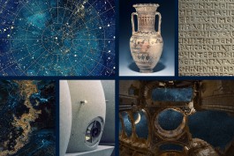OVO Moodboard. Images of a ancient greek anphora, engraved greek script on marble, firmament, constellations, starry night sky. Colour palette is dark navy blue and gold.