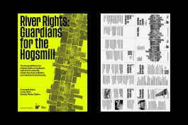 SPG Booklet. Both sides of a folded A3 booklet designed for the River Rights: Guardians for the Hogsmill event. Front side (poster side): Bright neon yellow with bold black text reading “River Rights: Guardians for the Hogsmill.” The right half features a textured, woven-style river motif in black. A short paragraph affirms the Hogsmill River’s intrinsic rights to flow naturally, remain unpolluted, and maintain biodiversity. Event details appear at the bottom: A curated dinner, 3 July 2024, Stanley Picker Gallery. Reverse side (content side): The booklet unfolds into a structured grid of black text on a white background, divided into five main sections: 1. River Rights – An Introduction 2. The State of the Hogsmill 3. River Rights Case Studies 4. Hogsmill Communities 5. Advocate for River Rights Each section includes short articles, local and global examples, and QR codes for further reading. A central column repeats the river weaving motif, tying both sides together visually.