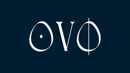 OVO logotype composed of three letters in symmetric disposition; hin letters in white over a dark navy blue background