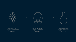 A picture is containing the OVO wines production process diagram. The diagram consists of three icons. The first is grapes, and the footnote is