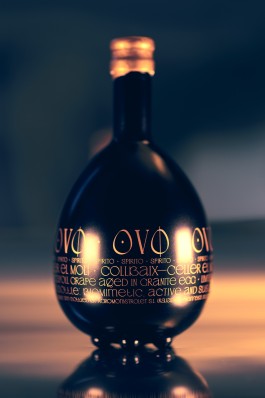 OVO bottle front view. Dark bottle with gold printed text.