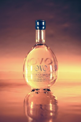 OVO transparent front view. Light transparent bottle with navy blue printed text over gold background